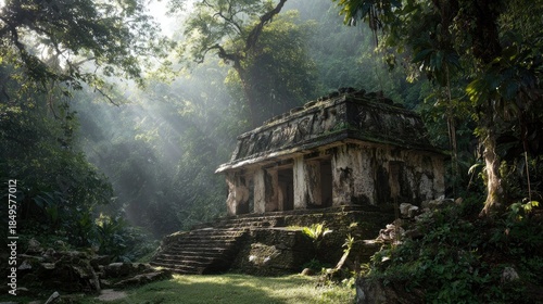 Jungle Ruins The ancient Mayan temple of Palenque emerging from the dense Chiapas jungle atmospheric with mist and shafts of light mysterious in Mexico