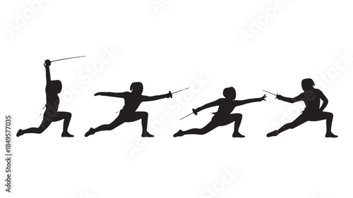 Silhouetted fencer in dynamic poses with sword in dramatic lighting on white background for martial arts