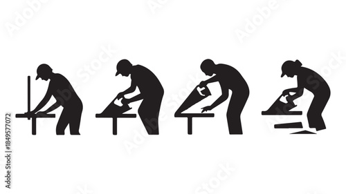 Man cutting wood in various stages with hand saw in black silhouette on white background for industrial illustration