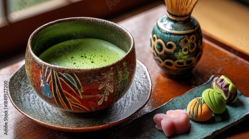 Tea ceremony in Kyoto ryokan matcha bowl and wagashi sweets authentic lifestyle in Japan