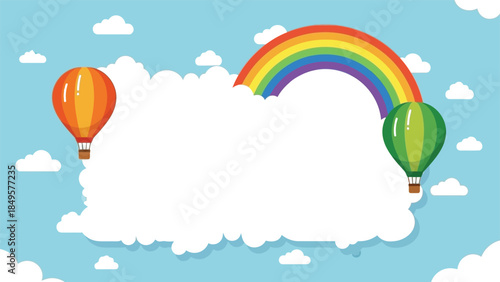 Vibrant illustration of colorful balloons and rainbow in cloudy sky