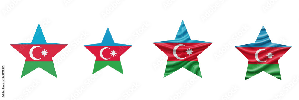 Fototapeta premium Set of four Azerbaijan flag stars, patriotic national symbols, Azerbaijan star shape decorations, isolated on white background, 3D render, holiday PNG.
