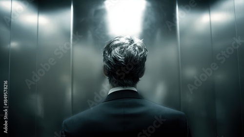 A man in a suit stands silently in an elevator, reflecting on his next move in a modern corporate environment.