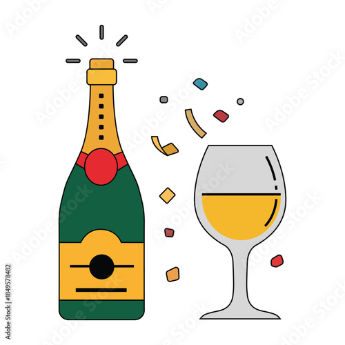 Champagne bottle and glass celebrating special occasions with confetti
