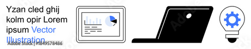 Data analysis, technology, innovation, business planning, ideas, and digital tools. A graph in a screen, a laptop and a lightbulb with a gear icon. Data analysis and technology concept
