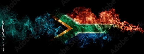 South African flag design with smoke effect in vibrant colors at nighttime