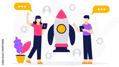 Startup Team Lunching Beta Version to Early Users. Flat Vector Business Illustration