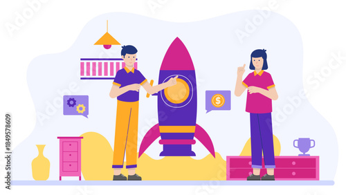 Startup Team Launching Beta Version to Early Users. Flat Vector Business Illustration