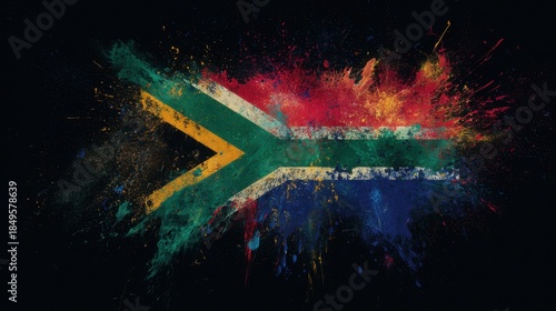 South African flag with colorful paint splashes on a dark background highlighting national identity and culture