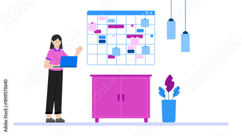 Remote Employees Setting Weekly Sprint Goals. Flat Vector Business Illustration