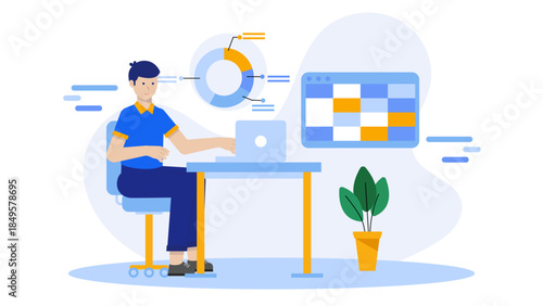 Remote Employees Setting Weekly Sprint Goals. Flat Vector Business Illustration