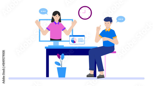 CEO Conducting Virtual Company Town Hall. Flat Vector Business Illustration