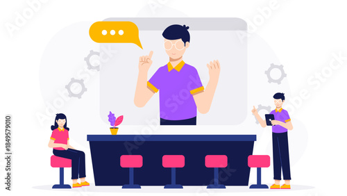 CEO Conducting Virtual Company Town Hall. Flat Vector Business Illustration