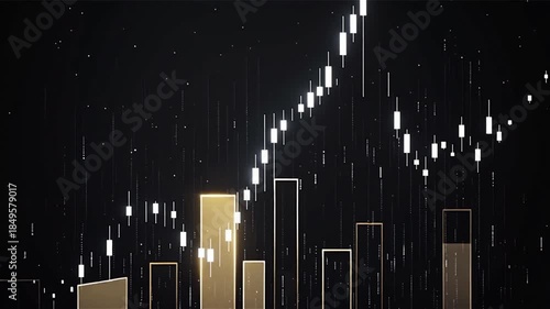White data streams converge to form an upward candlestick chart; golden light effects outline the contours of a business graph; upward-pointing arrows flash at the end.  