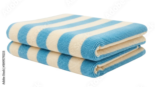 Folded blue and white striped towel isolated PNG, soft cotton beach or bath textile for hygiene and cleaning on transparent background