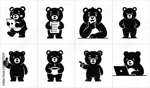 Charming bear characters in various poses demonstrating daily activities and expressions