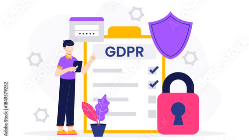 Legal Consultant Reviewing GDPR Compliance Checklist. Flat Vector Business Illustration