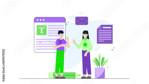 Content Writer Research Blog Topics Using SEO Tools. Flat Vector Business Illustration