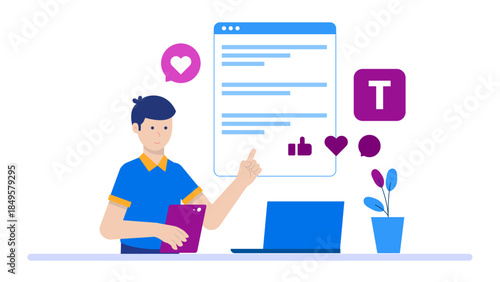 Content Writer Research Blog Topics Using SEO Tools. Flat Vector Business Illustration