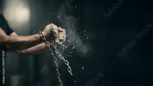 Man Breaking Free from Chains Closeup.