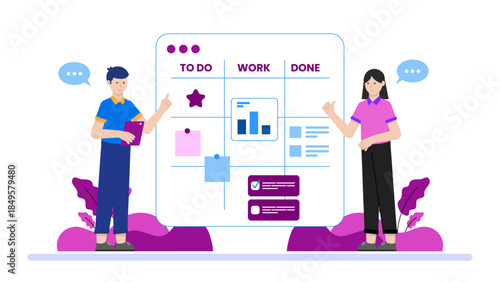 Employees Logging Progress in Productivity Tracker. Flat Vector Business Illustration