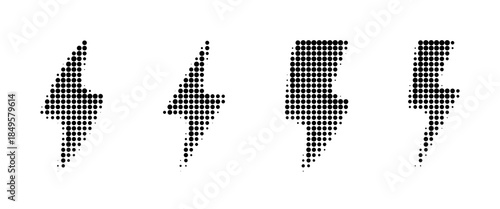 Halftone grunge lightning bolts set. black dotted flash thunderbolt. dotted thunder bolt symbol collection