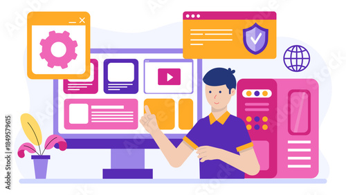 IT Specialist Performing Security Patch Updates. Flat Vector Business Illustration