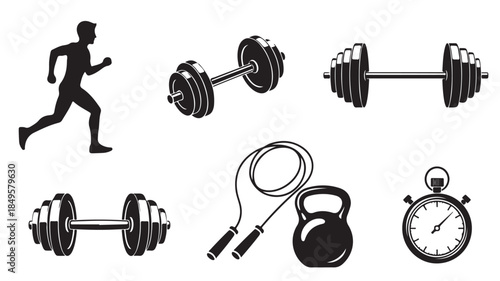 Fitness Equipment Icons in Simple Monochrome Design for Workout and Exercise on White Background for Health and Wellness