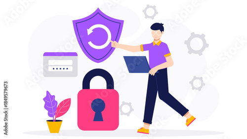 IT Specialist Performing Security Patch Updates. Flat Vector Business Illustration