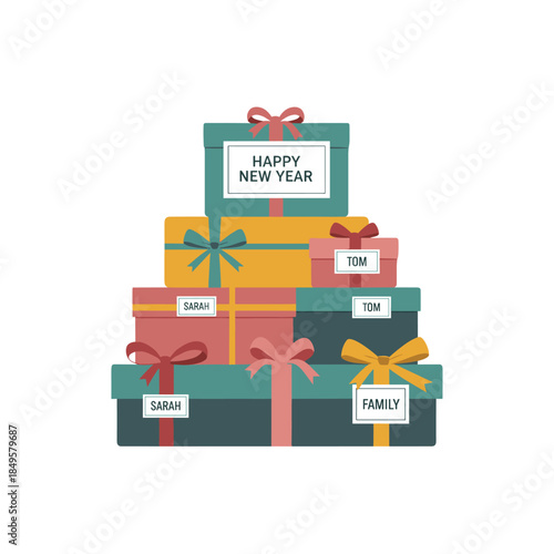Colorful gifts stacked with names and Happy New Year on top