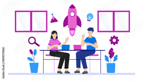 Startup Team Planning Cross-Functional Hackathon. Flat Vector Business Illustration
