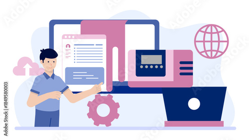 Developer Pushing Code to Repository. Business Flat Vector Illustration