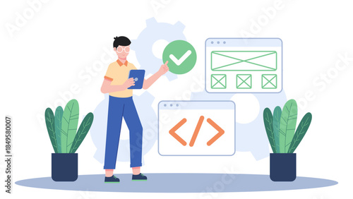 Developer Pushing Code to Repository. Business Flat Vector Illustration