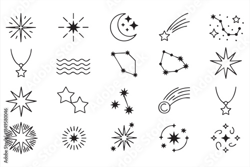 Celestial Star and Moon Line Icons for Astrology and Zodiac Design