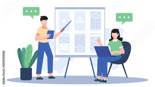 UX Designer Presenting Wireframes to Team. Business Flat Vector Illustration