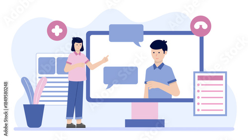 Doctor Conducting Telemedicine Appointment. Business Flat Vector Illustration