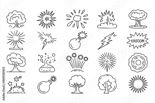 Explosion and Bomb Line Icons for Action, Warning, and Impact Design