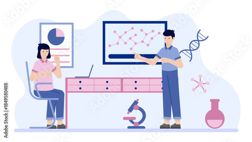 Scientists Researching in a Modern Laboratory. Business Flat Vector Illustration