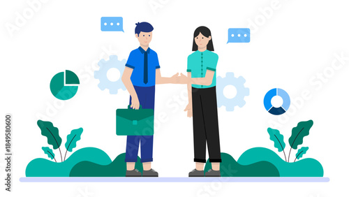 Sales Team Negotiating a Deal with Client. Business Flat Vector Illustration