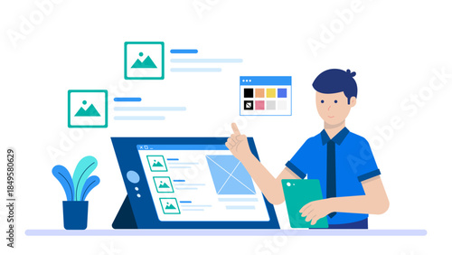 Graphic Designer Creating a Digital Illustration. Business Flat Vector Illustration