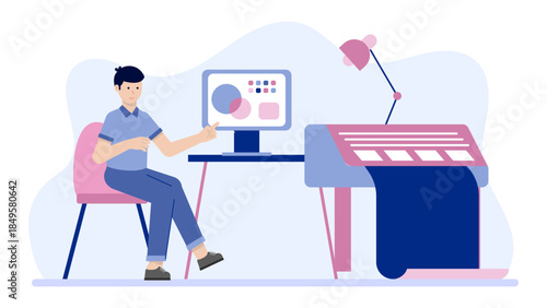 Graphic Designer Creating a Digital Illustration. Business Flat Vector Illustration