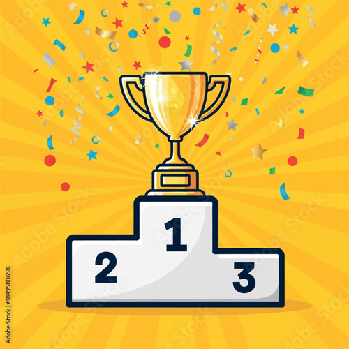 Golden trophy stands proudly on a winner's podium with confetti raining down, celebrating victory and achievement