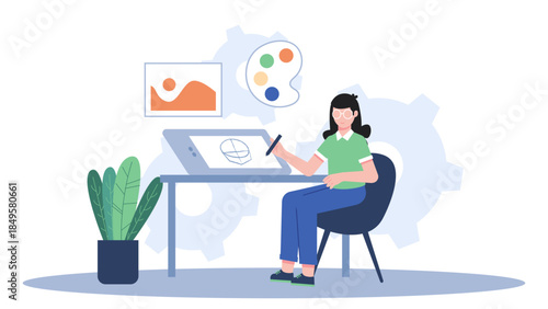 Graphic Designer Creating a Digital Illustration. Business Flat Vector Illustration