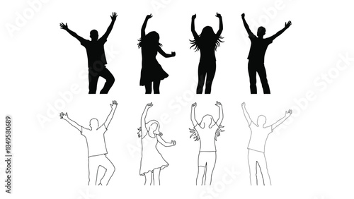 Collection of eight diverse human figures celebrating success or dancing with raised arms shown in both silhouette and outline styles