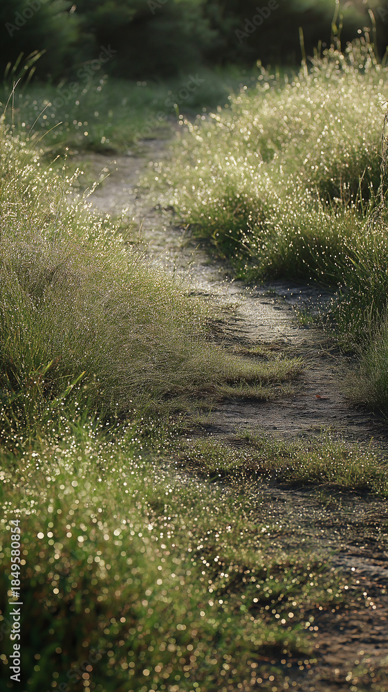Obraz premium A serene morning walk reveals a quiet path adorned with subtle dew and fresh greenery Generative AI