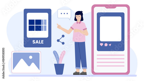 Social Media Manager Launching a New Product. Business Flat Vector Illustration