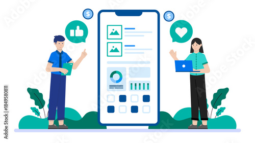 Social Media Manager Launching a New Product. Business Flat Vector Illustration