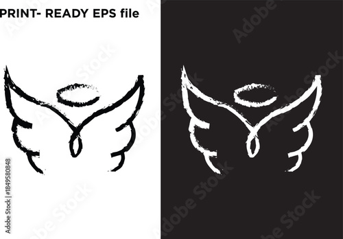 Hand Drawn Angel Wings with Halo Illustration – Black and White Grunge Sketch EPS Vector