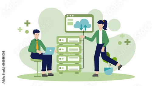 IT Team Managing Cloud Server Infrastructure. Business Flat Vector Illustration