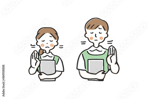 首を横に振るエプロン姿の男女